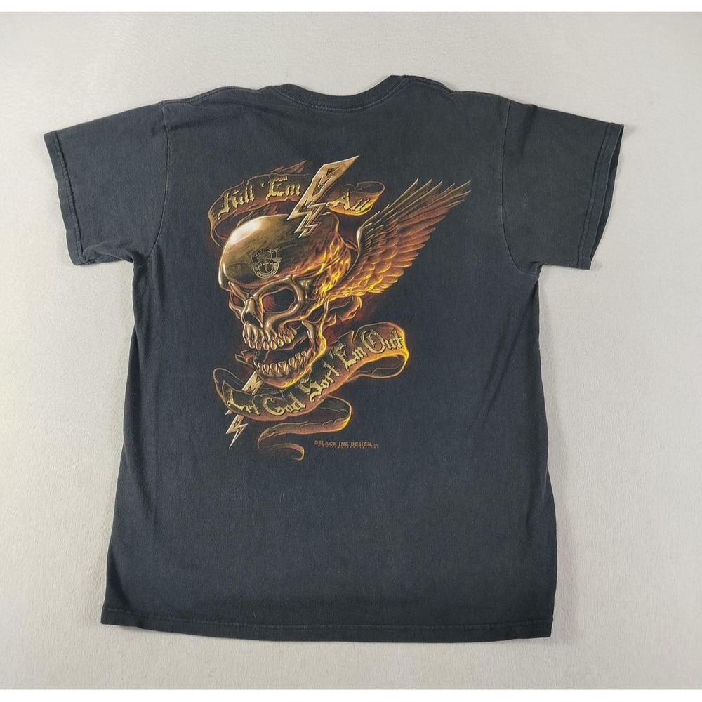 Black Ink Design Kill 'Em All Shirt Mens Large Black Skull Biker Tee Military